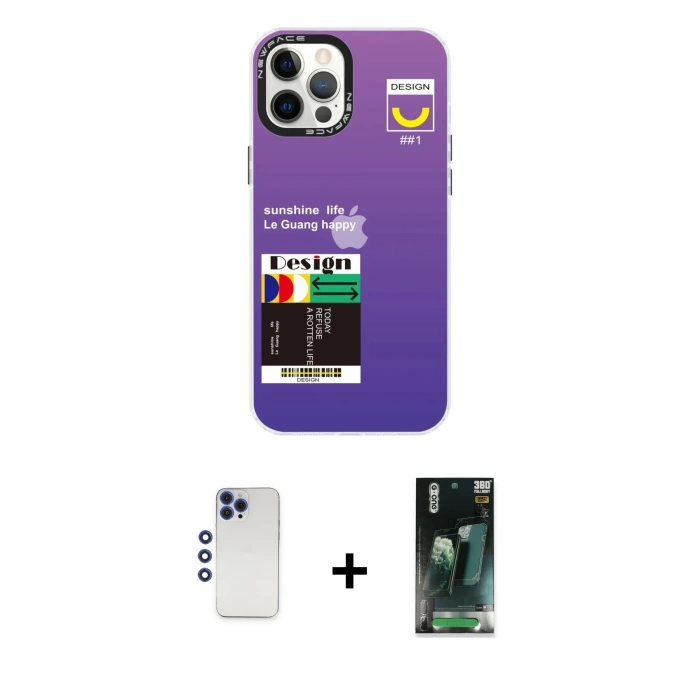 MARSİLYAN™- iPhone 12 Pro Max Kılıf Siluet Çizgi Koleksiyonu - Siyah 360 Mat Full Body Arka Koruyucu + Shine Kamera Lens - LT