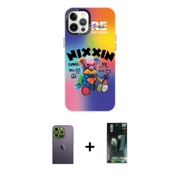MARSİLYAN™- iPhone 12 Pro Max Kılıf Siluet Çizgi Koleksiyonu - Siyah 360 Mat Full Body Arka Koruyucu + Neon Fosforlu Kamera Lens - YL