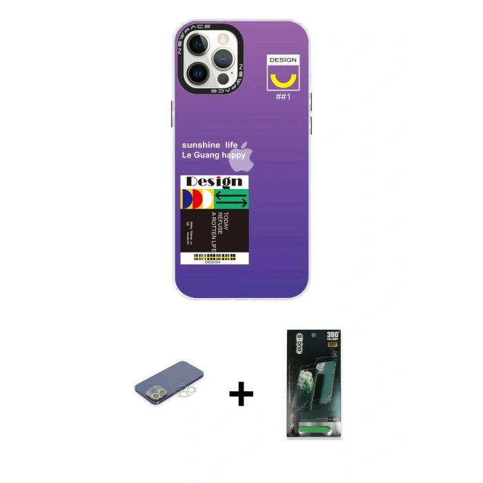 MARSİLYAN™- iPhone 12 Pro Max Kılıf Siluet Çizgi Koleksiyonu - Siyah 360 Mat Full Body Arka Koruyucu + Renkli Kamera Lens Koruma Cam - YL