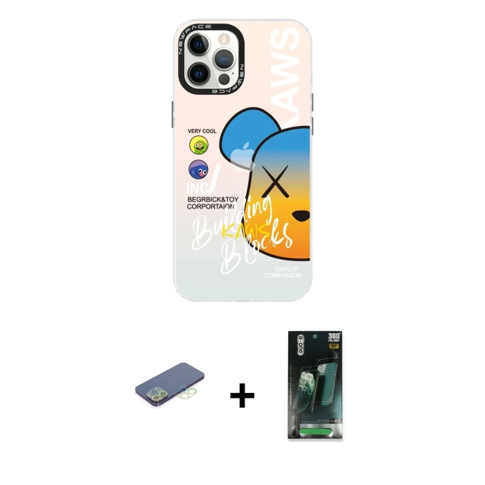 MARSİLYAN™- iPhone 12 Pro Max Kılıf Siluet Çizgi Koleksiyonu - Siyah 360 Mat Full Body Arka Koruyucu + Renkli Kamera Lens Koruma Cam - YL