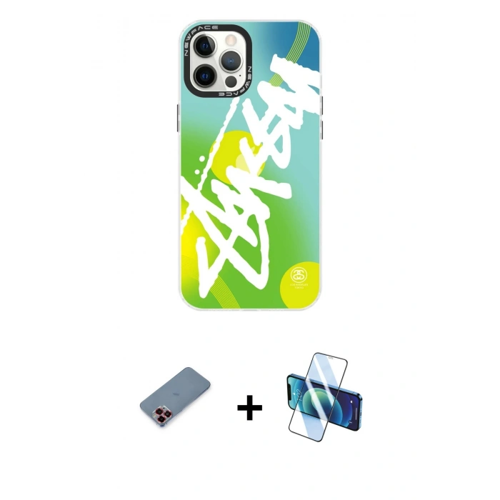 MARSİLYAN™- iPhone 12 Pro Max Kılıf Siluet Çizgi Koleksiyonu - Siyah 3D Antistatik Cam Ekran Koruyucu + Metal Kamera Lens Koruma Cam - KI