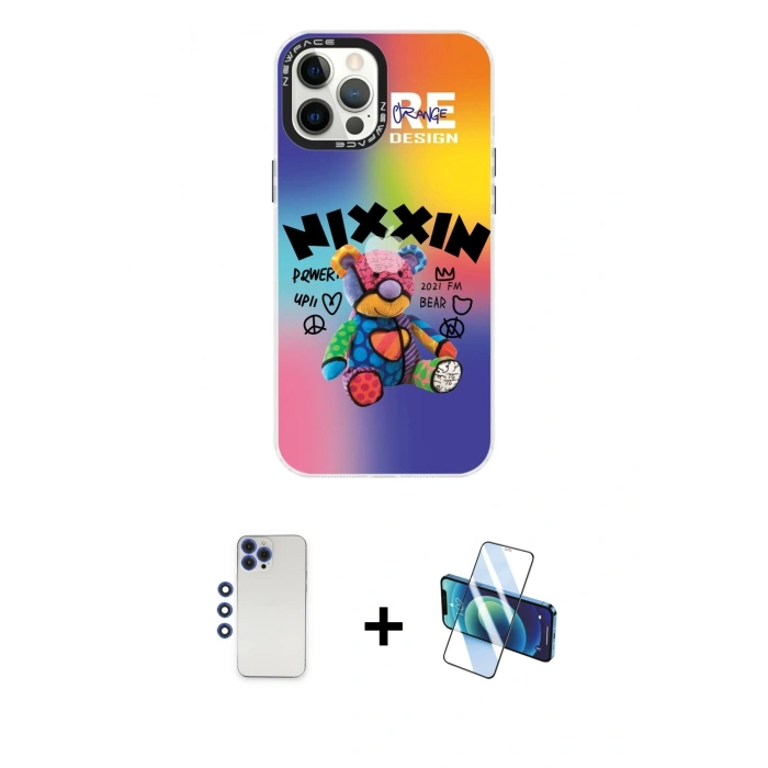 MARSİLYAN™- iPhone 12 Pro Max Kılıf Siluet Çizgi Koleksiyonu - Siyah 3D Antistatik Cam Ekran Koruyucu + Shine Kamera Lens - LT
