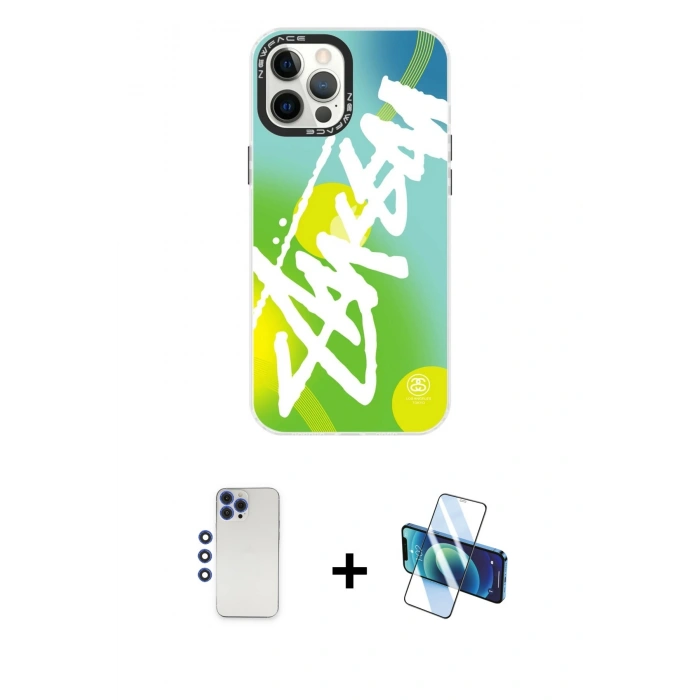 MARSİLYAN™- iPhone 12 Pro Max Kılıf Siluet Çizgi Koleksiyonu - Siyah 3D Antistatik Cam Ekran Koruyucu + Shine Kamera Lens - LT