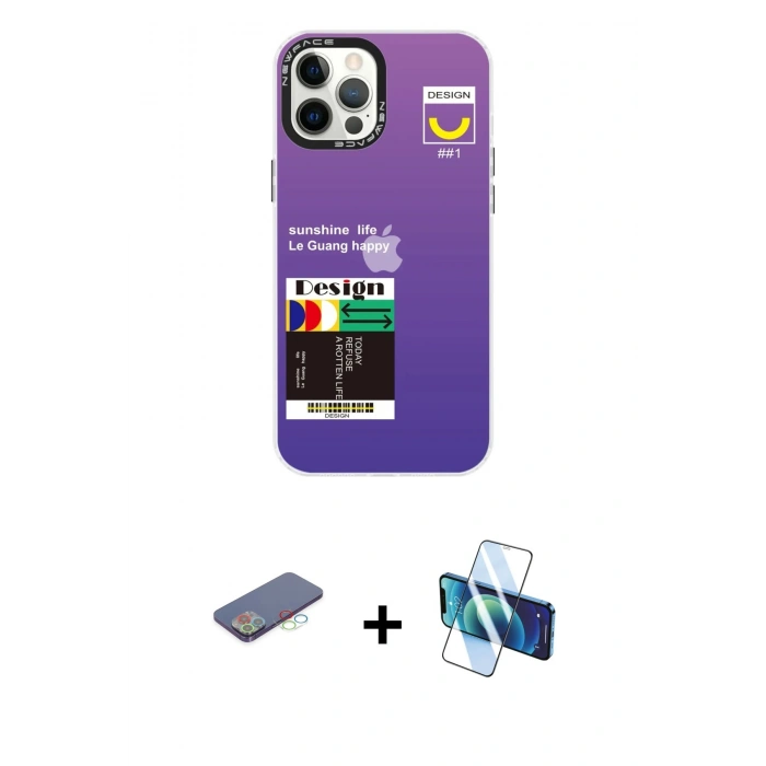 MARSİLYAN™- iPhone 12 Pro Max Kılıf Siluet Çizgi Koleksiyonu - Siyah 3D Antistatik Cam Ekran Koruyucu + Renkli Kamera Lens Koruma Cam - MI