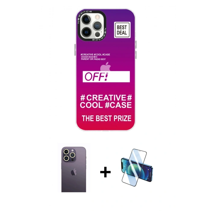 MARSİLYAN™- iPhone 12 Pro Max Kılıf Siluet Çizgi Koleksiyonu - Siyah 3D Antistatik Cam Ekran Koruyucu + Neon Fosforlu Kamera Lens - BZ