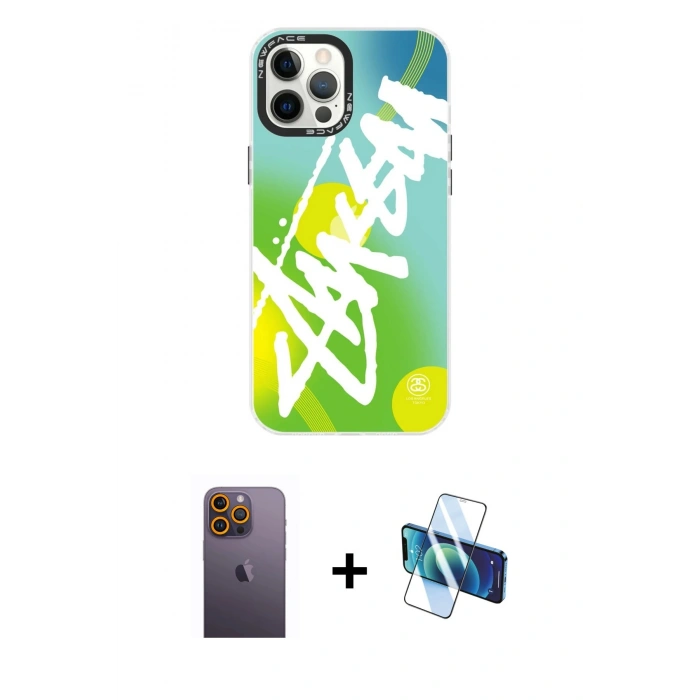 MARSİLYAN™- iPhone 12 Pro Max Kılıf Siluet Çizgi Koleksiyonu - Siyah 3D Antistatik Cam Ekran Koruyucu + Neon Fosforlu Kamera Lens - SI