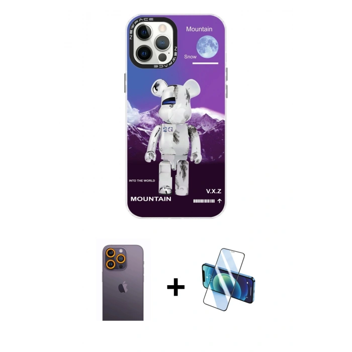 MARSİLYAN™- iPhone 12 Pro Max Kılıf Siluet Çizgi Koleksiyonu - Siyah 3D Antistatik Cam Ekran Koruyucu + Neon Fosforlu Kamera Lens - SI