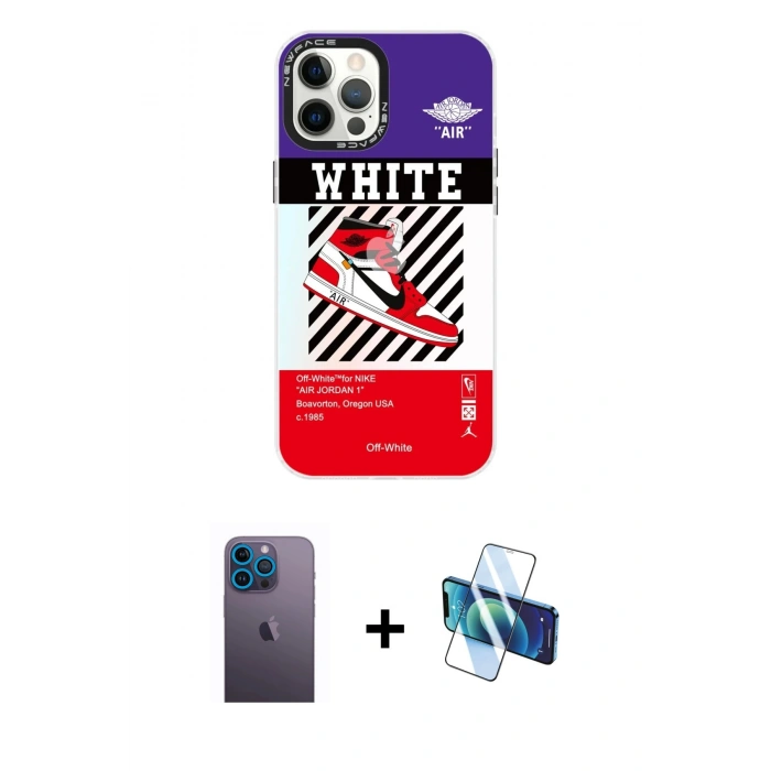 MARSİLYAN™- iPhone 12 Pro Max Kılıf Siluet Çizgi Koleksiyonu - Siyah 3D Antistatik Cam Ekran Koruyucu + Neon Fosforlu Kamera Lens - MI