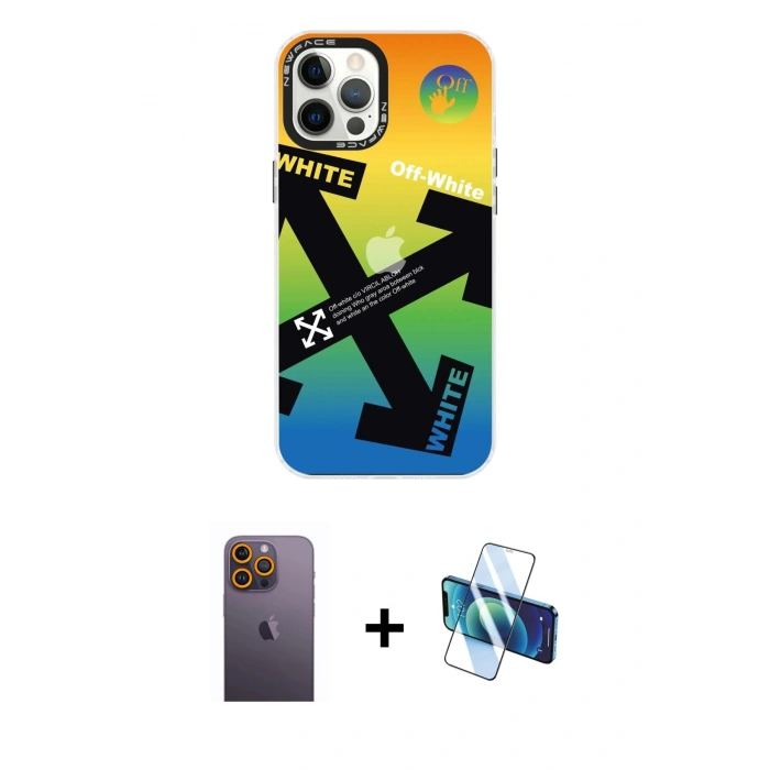 MARSİLYAN™- iPhone 12 Pro Max Kılıf Siluet Çizgi Koleksiyonu - Siyah 3D Antistatik Cam Ekran Koruyucu + Neon Fosforlu Kamera Lens - SI