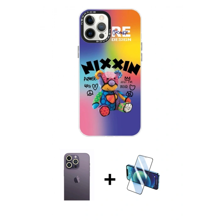 MARSİLYAN™- iPhone 12 Pro Max Kılıf Siluet Çizgi Koleksiyonu - Siyah 3D Antistatik Cam Ekran Koruyucu + Neon Fosforlu Kamera Lens - BZ
