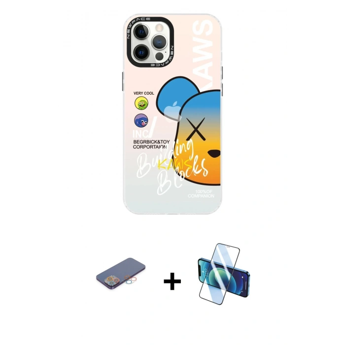 MARSİLYAN™- iPhone 12 Pro Max Kılıf Siluet Çizgi Koleksiyonu - Siyah 3D Antistatik Cam Ekran Koruyucu + Renkli Kamera Lens Koruma Cam - PE