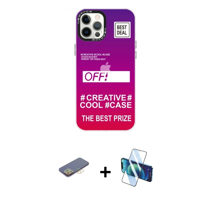 MARSİLYAN™- iPhone 12 Pro Max Kılıf Siluet Çizgi Koleksiyonu - Siyah 3D Antistatik Cam Ekran Koruyucu + Renkli Kamera Lens Koruma Cam - SI