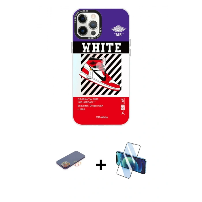 MARSİLYAN™- iPhone 12 Pro Max Kılıf Siluet Çizgi Koleksiyonu - Siyah 3D Antistatik Cam Ekran Koruyucu + Renkli Kamera Lens Koruma Cam - TU