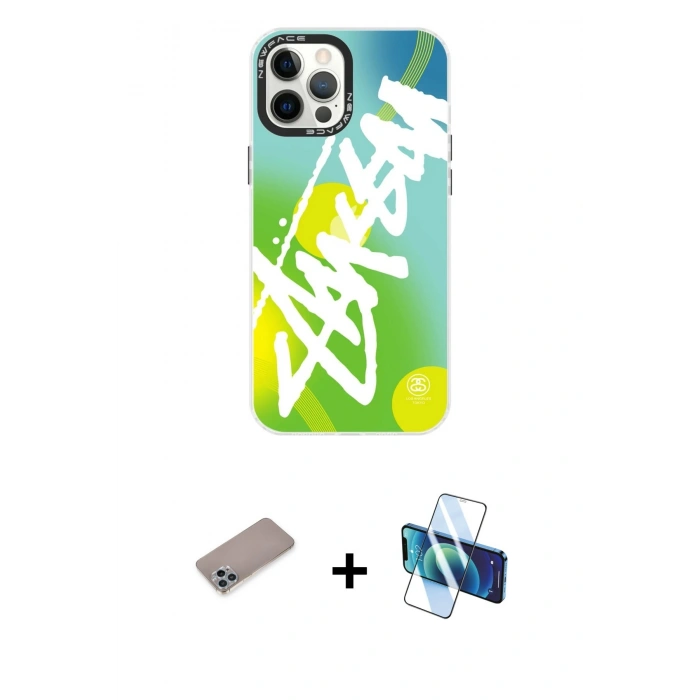 MARSİLYAN™- iPhone 12 Pro Max Kılıf Siluet Çizgi Koleksiyonu - Siyah 3D Antistatik Cam Ekran Koruyucu + Sierra Blue Shine Kamera Lens Koruma Cam