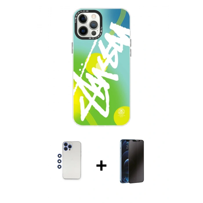 MARSİLYAN™- iPhone 12 Pro Max Kılıf Siluet Çizgi Koleksiyonu - Siyah 3D Antistatik Hayalet Cam Ekran Koruyucu + Shine Kamera Lens - LT