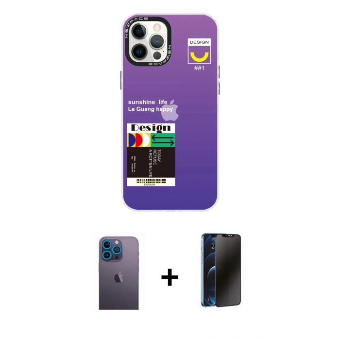 MARSİLYAN™- iPhone 12 Pro Max Kılıf Siluet Çizgi Koleksiyonu - Siyah 3D Antistatik Hayalet Cam Ekran Koruyucu + Mavi Neon Fosforlu Kamera Lens
