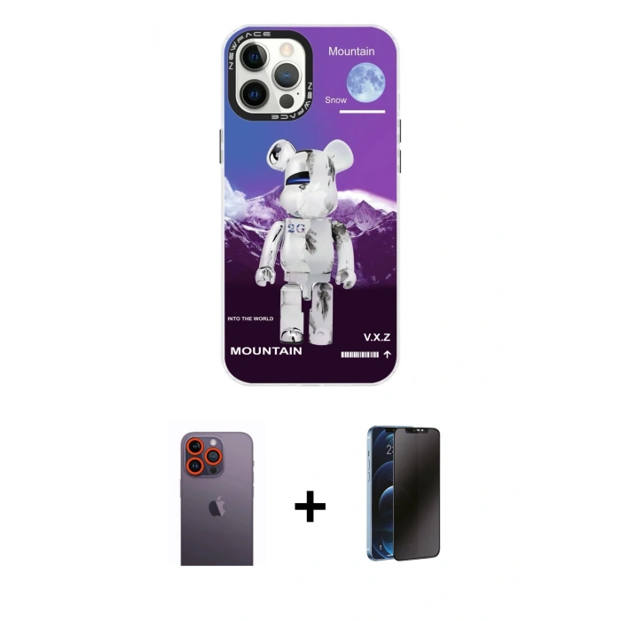 MARSİLYAN™- iPhone 12 Pro Max Kılıf Siluet Çizgi Koleksiyonu - Siyah 3D Antistatik Hayalet Cam Ekran Koruyucu + Neon Fosforlu Kamera Lens - TU