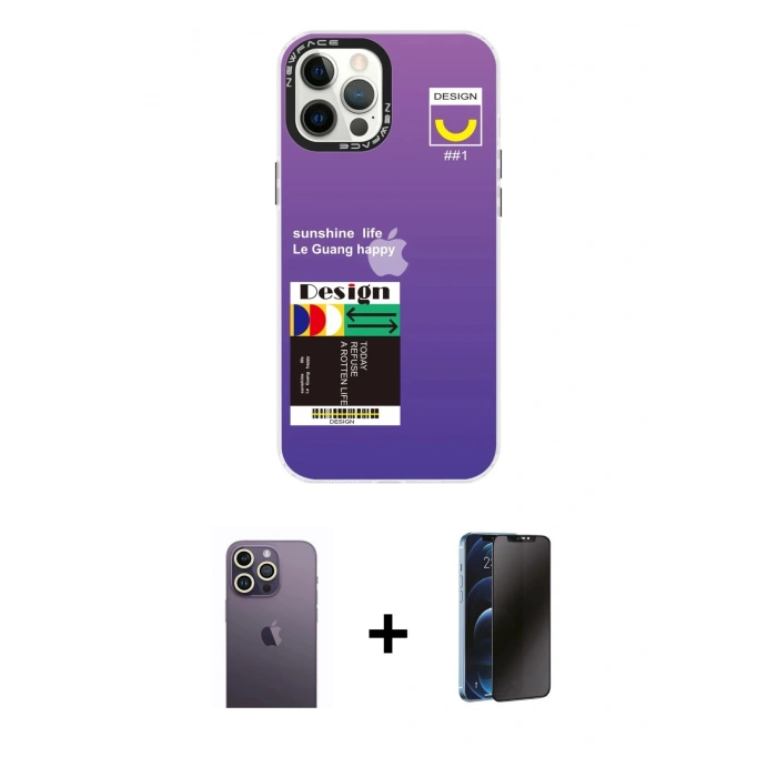 MARSİLYAN™- iPhone 12 Pro Max Kılıf Siluet Çizgi Koleksiyonu - Siyah 3D Antistatik Hayalet Cam Ekran Koruyucu + Neon Fosforlu Kamera Lens - BZ