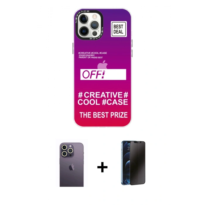 MARSİLYAN™- iPhone 12 Pro Max Kılıf Siluet Çizgi Koleksiyonu - Siyah 3D Antistatik Hayalet Cam Ekran Koruyucu + Neon Fosforlu Kamera Lens - BZ
