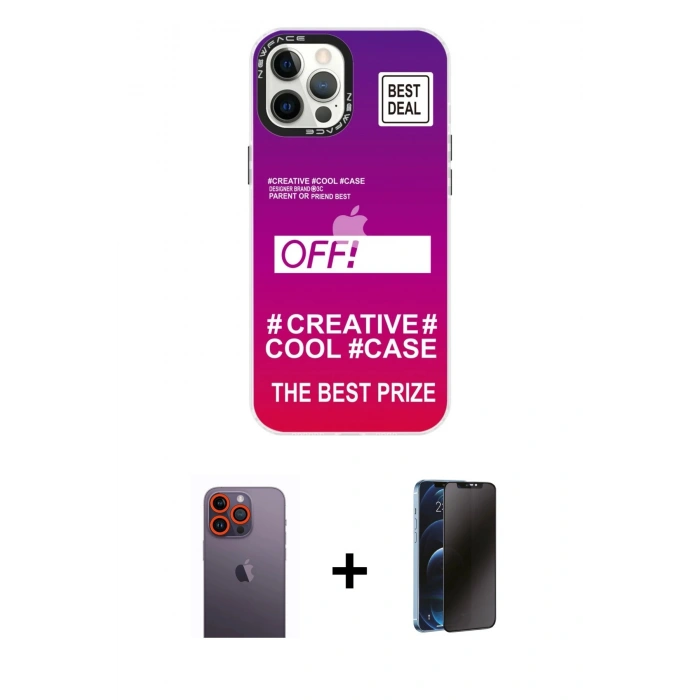 MARSİLYAN™- iPhone 12 Pro Max Kılıf Siluet Çizgi Koleksiyonu - Siyah 3D Antistatik Hayalet Cam Ekran Koruyucu + Neon Fosforlu Kamera Lens - TU