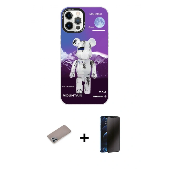 MARSİLYAN™- iPhone 12 Pro Max Kılıf Siluet Çizgi Koleksiyonu - Siyah 3D Antistatik Hayalet Cam Ekran Koruyucu + Shine Kamera Lens Koruma Cam - SABE