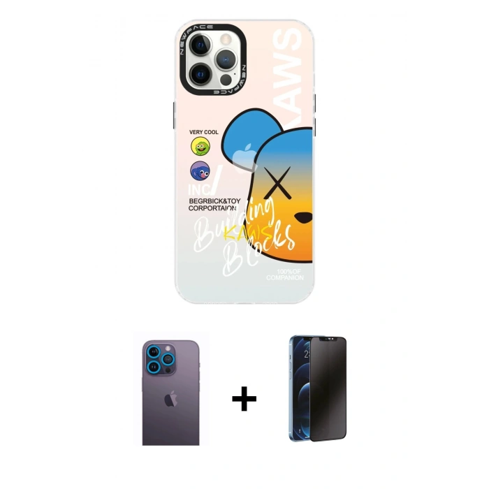MARSİLYAN™- iPhone 12 Pro Max Kılıf Siluet Çizgi Koleksiyonu - Siyah 3D Antistatik Hayalet Cam Ekran Koruyucu + Mavi Neon Fosforlu Kamera Lens