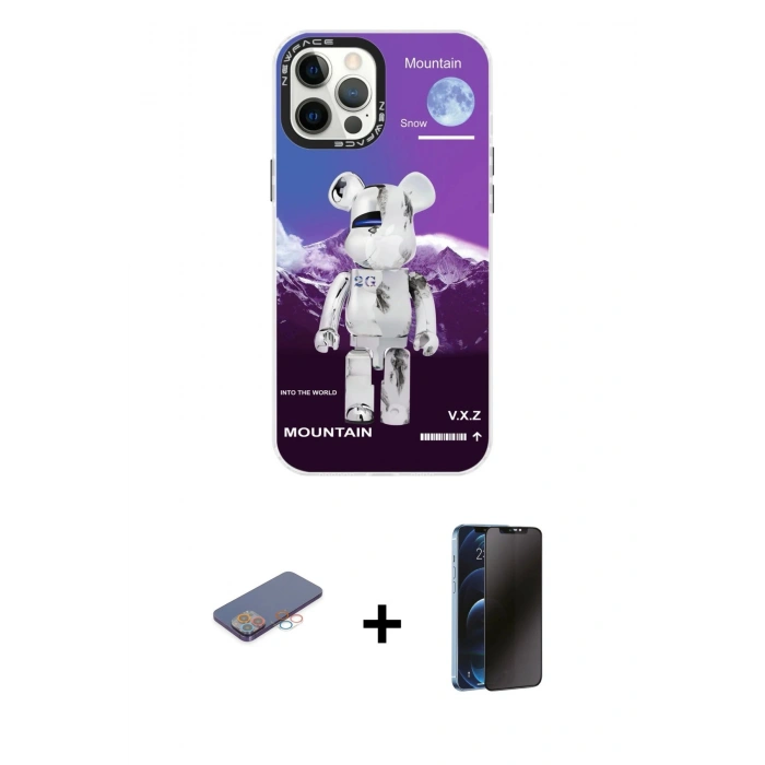 MARSİLYAN™- iPhone 12 Pro Max Kılıf Siluet Çizgi Koleksiyonu - Siyah 3D Antistatik Hayalet Cam Ekran Koruyucu + Renkli Kamera Lens Koruma Cam - PE