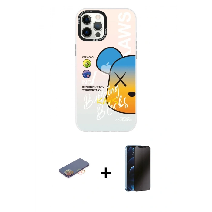 MARSİLYAN™- iPhone 12 Pro Max Kılıf Siluet Çizgi Koleksiyonu - Siyah 3D Antistatik Hayalet Cam Ekran Koruyucu + Renkli Kamera Lens Koruma Cam - TU