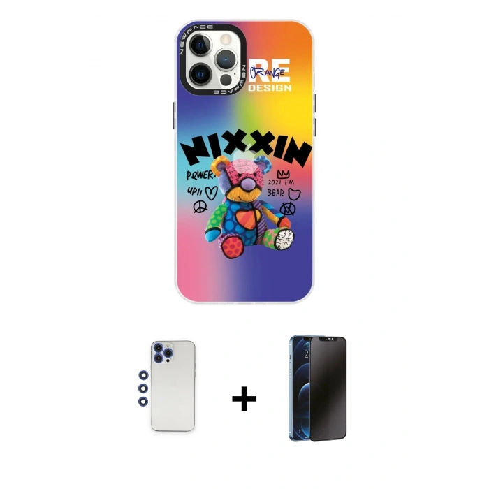 MARSİLYAN™- iPhone 12 Pro Max Kılıf Siluet Çizgi Koleksiyonu - Siyah 3D Antistatik Hayalet Cam Ekran Koruyucu + Shine Kamera Lens - LT