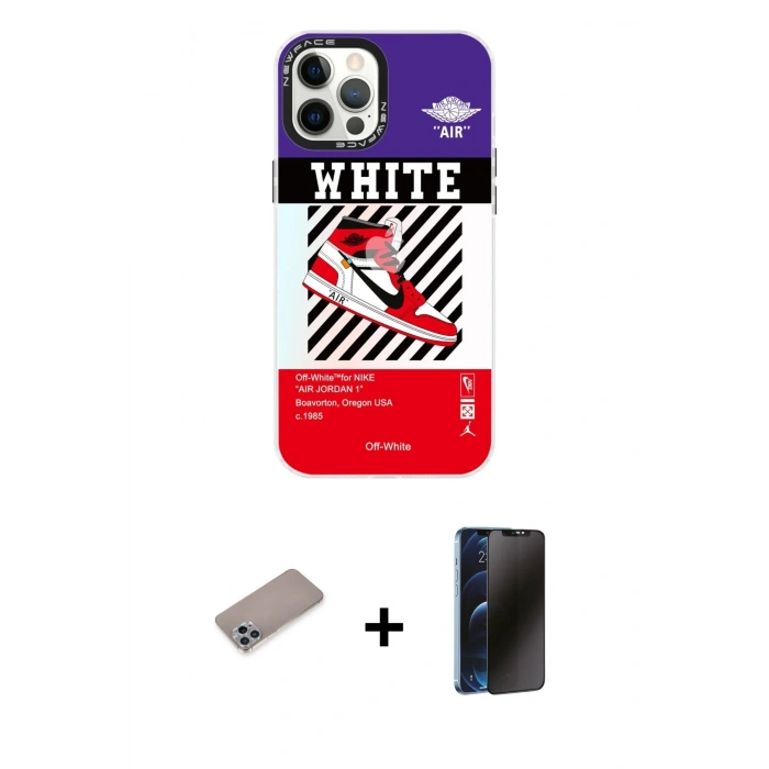 MARSİLYAN™- iPhone 12 Pro Max Kılıf Siluet Çizgi Koleksiyonu - Siyah 3D Antistatik Hayalet Cam Ekran Koruyucu + Shine Kamera Lens Koruma Cam - SABE