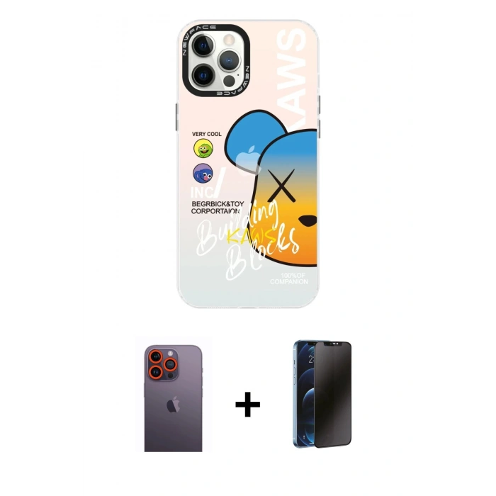 MARSİLYAN™- iPhone 12 Pro Max Kılıf Siluet Çizgi Koleksiyonu - Siyah 3D Antistatik Hayalet Cam Ekran Koruyucu + Neon Fosforlu Kamera Lens - TU