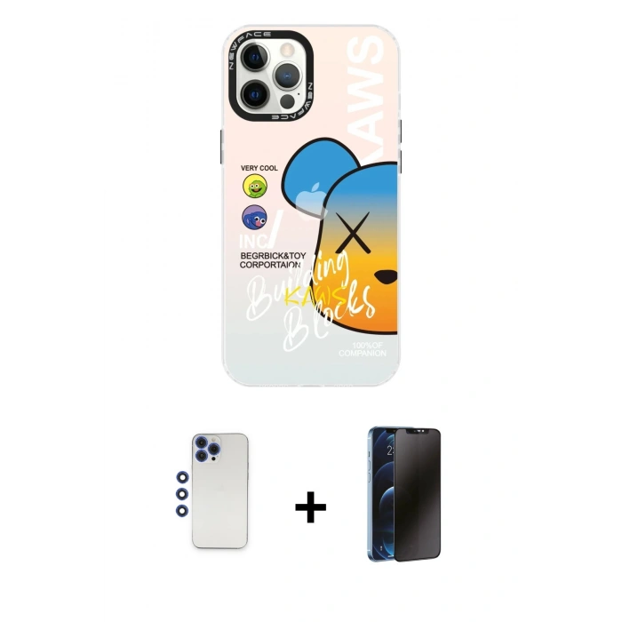 MARSİLYAN™- iPhone 12 Pro Max Kılıf Siluet Çizgi Koleksiyonu - Siyah 3D Antistatik Hayalet Cam Ekran Koruyucu + Shine Kamera Lens - LT