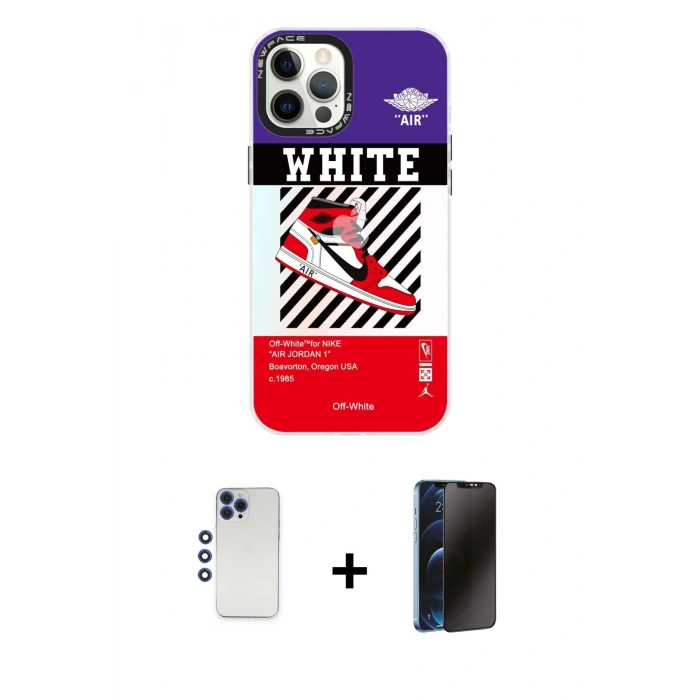 MARSİLYAN™- iPhone 12 Pro Max Kılıf Siluet Çizgi Koleksiyonu - Siyah 3D Antistatik Hayalet Cam Ekran Koruyucu + Shine Kamera Lens - LT