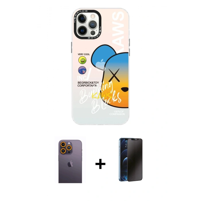 MARSİLYAN™- iPhone 12 Pro Max Kılıf Siluet Çizgi Koleksiyonu - Siyah 3D Antistatik Hayalet Cam Ekran Koruyucu + Neon Fosforlu Kamera Lens - SI