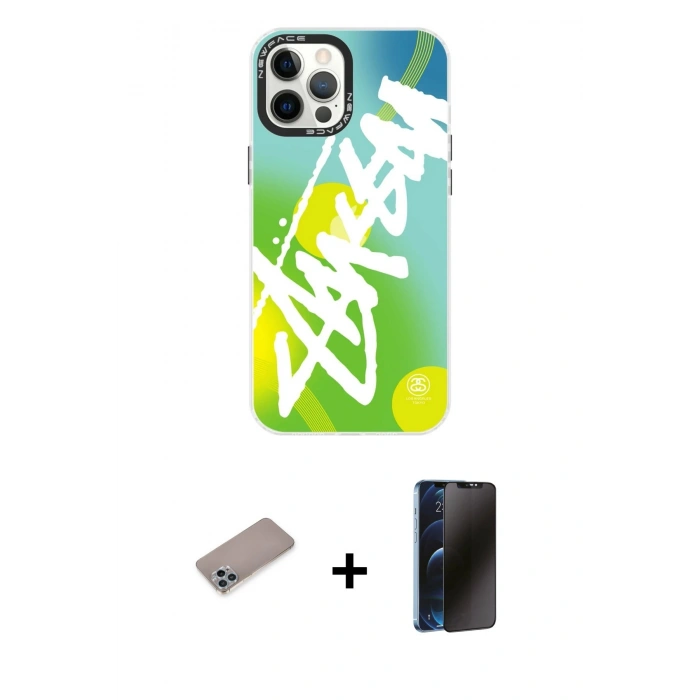 MARSİLYAN™- iPhone 12 Pro Max Kılıf Siluet Çizgi Koleksiyonu - Siyah 3D Antistatik Hayalet Cam Ekran Koruyucu + Shine Kamera Lens Koruma Cam - SABE