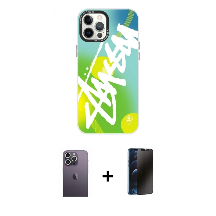 MARSİLYAN™- iPhone 12 Pro Max Kılıf Siluet Çizgi Koleksiyonu - Siyah 3D Antistatik Hayalet Cam Ekran Koruyucu + Neon Fosforlu Kamera Lens - BZ