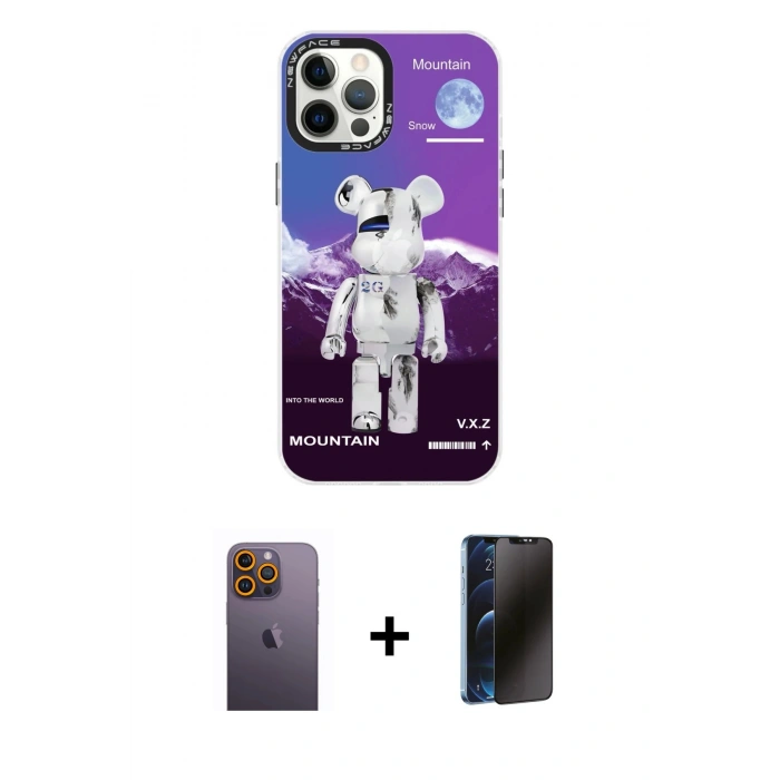 MARSİLYAN™- iPhone 12 Pro Max Kılıf Siluet Çizgi Koleksiyonu - Siyah 3D Antistatik Hayalet Cam Ekran Koruyucu + Neon Fosforlu Kamera Lens - SI