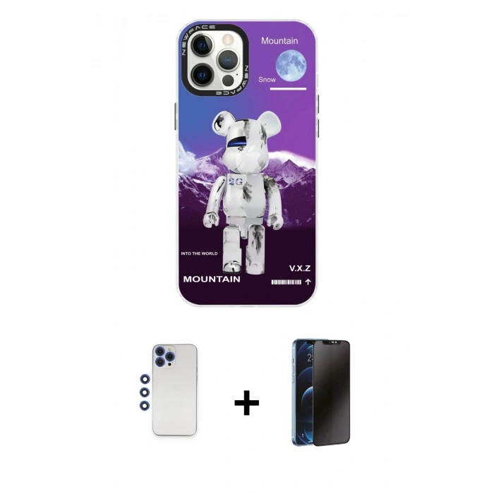 MARSİLYAN™- iPhone 12 Pro Max Kılıf Siluet Çizgi Koleksiyonu - Siyah 3D Antistatik Hayalet Cam Ekran Koruyucu + Shine Kamera Lens - LT
