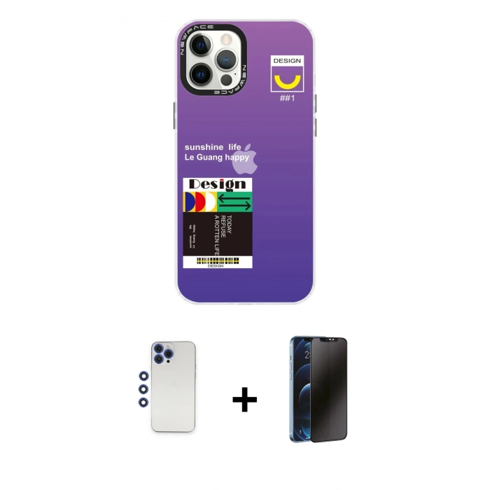 MARSİLYAN™- iPhone 12 Pro Max Kılıf Siluet Çizgi Koleksiyonu - Siyah 3D Antistatik Hayalet Cam Ekran Koruyucu + Shine Kamera Lens - LT
