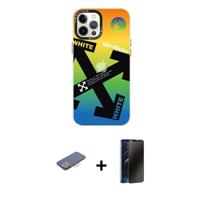 MARSİLYAN™- iPhone 12 Pro Max Kılıf Siluet Çizgi Koleksiyonu - Siyah 3D Antistatik Hayalet Cam Ekran Koruyucu + Renkli Kamera Lens Koruma Cam - PE