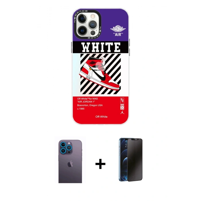 MARSİLYAN™- iPhone 12 Pro Max Kılıf Siluet Çizgi Koleksiyonu - Siyah 3D Antistatik Hayalet Cam Ekran Koruyucu + Mavi Neon Fosforlu Kamera Lens