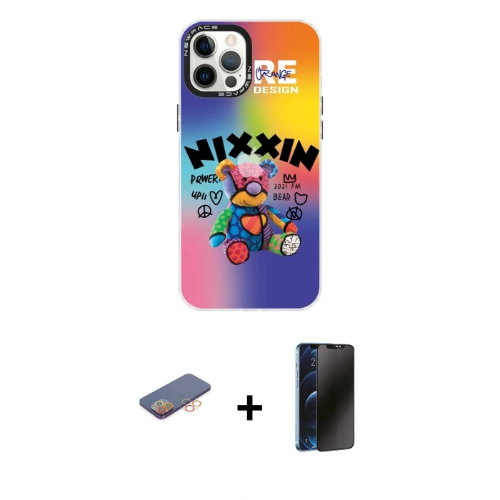 MARSİLYAN™- iPhone 12 Pro Max Kılıf Siluet Çizgi Koleksiyonu - Siyah 3D Antistatik Hayalet Cam Ekran Koruyucu + Renkli Kamera Lens Koruma Cam - TU