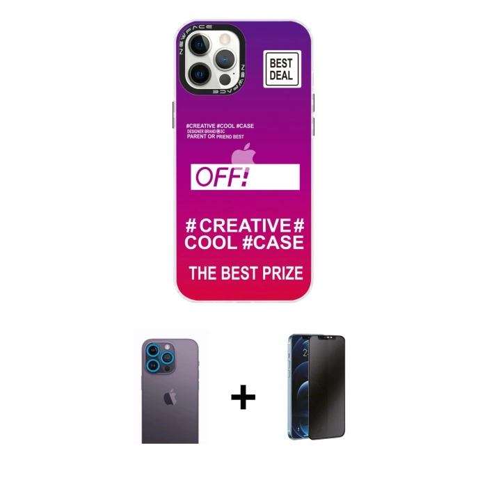 MARSİLYAN™- iPhone 12 Pro Max Kılıf Siluet Çizgi Koleksiyonu - Siyah 3D Antistatik Hayalet Cam Ekran Koruyucu + Mavi Neon Fosforlu Kamera Lens