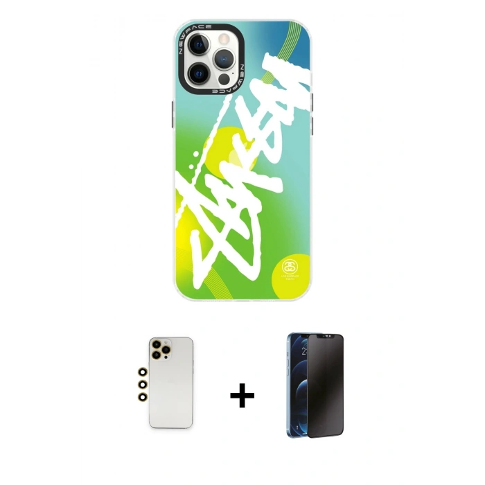 MARSİLYAN™- iPhone 12 Pro Max Kılıf Siluet Çizgi Koleksiyonu - Siyah 3D Antistatik Hayalet Cam Ekran Koruyucu + Shine Kamera Lens - GD