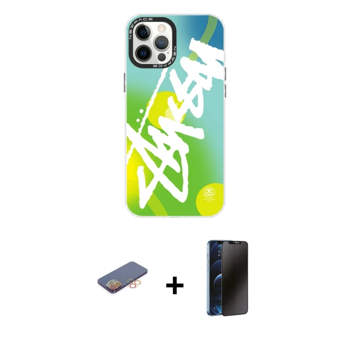MARSİLYAN™- iPhone 12 Pro Max Kılıf Siluet Çizgi Koleksiyonu - Siyah 3D Antistatik Hayalet Cam Ekran Koruyucu + Renkli Kamera Lens Koruma Cam - TU