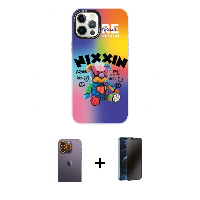 MARSİLYAN™- iPhone 12 Pro Max Kılıf Siluet Çizgi Koleksiyonu - Siyah 3D Antistatik Hayalet Cam Ekran Koruyucu + Neon Fosforlu Kamera Lens - SI