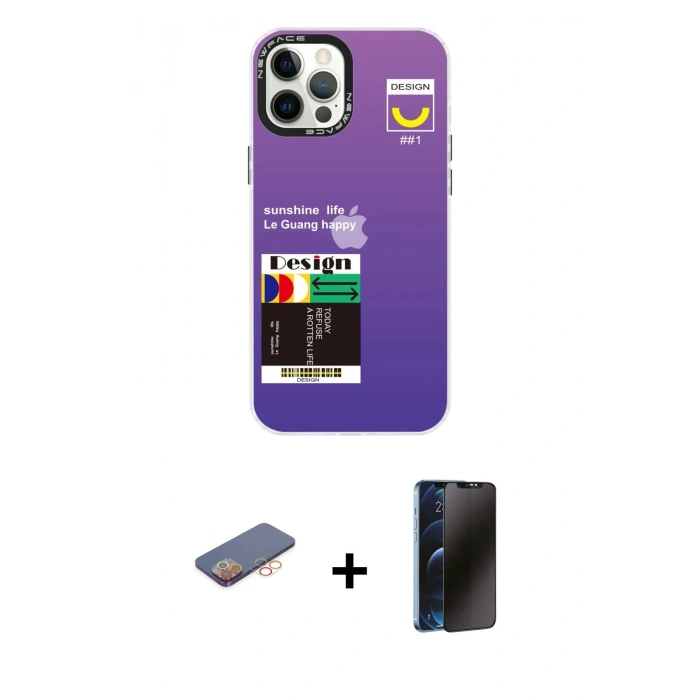 MARSİLYAN™- iPhone 12 Pro Max Kılıf Siluet Çizgi Koleksiyonu - Siyah 3D Antistatik Hayalet Cam Ekran Koruyucu + Renkli Kamera Lens Koruma Cam - TU