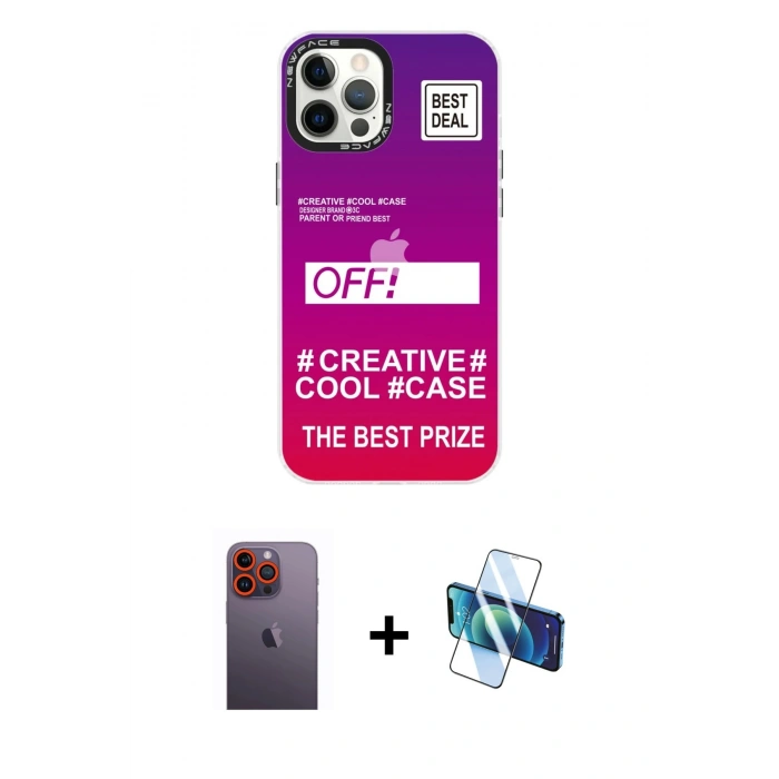 MARSİLYAN™- iPhone 12 Pro Max Kılıf Siluet Çizgi Koleksiyonu - Siyah 3D Antistatik Seramik Nano Ekran Koruyucu + Neon Fosforlu Kamera Lens - TU