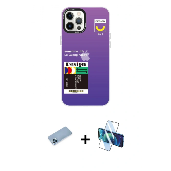 MARSİLYAN™- iPhone 12 Pro Max Kılıf Siluet Çizgi Koleksiyonu - Siyah 3D Antistatik Seramik Nano Ekran Koruyucu + Shine Kamera Lens Koruma Cam - MI