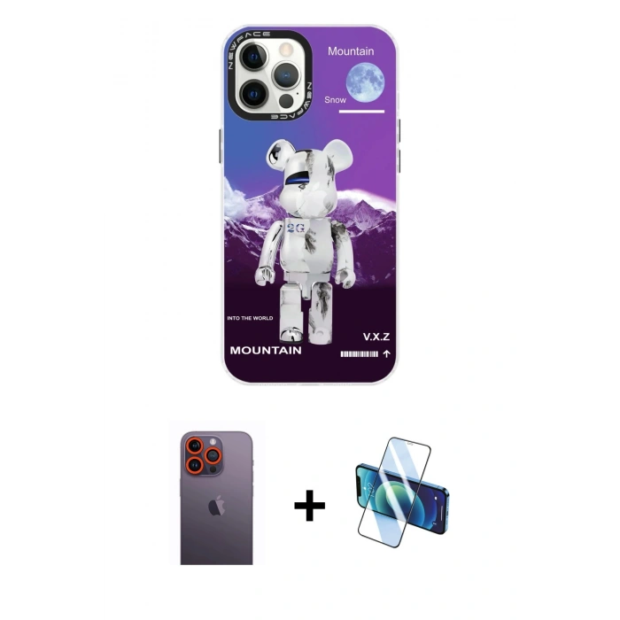 MARSİLYAN™- iPhone 12 Pro Max Kılıf Siluet Çizgi Koleksiyonu - Siyah 3D Antistatik Seramik Nano Ekran Koruyucu + Neon Fosforlu Kamera Lens - TU